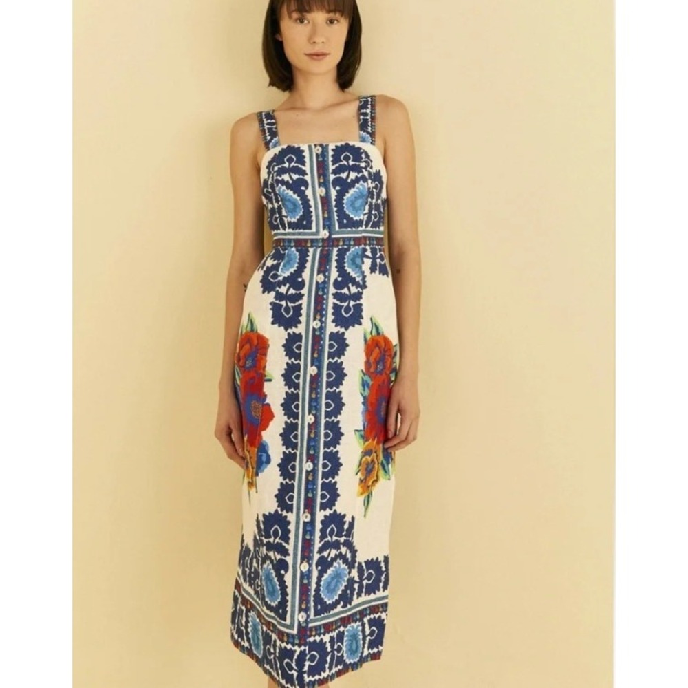 Farm Rio Flower Tapestry Off-White Midi Dress Blue Floral Button Front NWT M - Picture 3 of 11